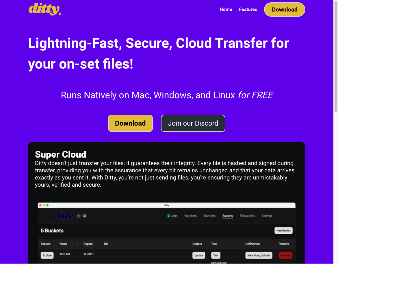 Ditty homepage featuring a desktop file transfer product and product screenshot.